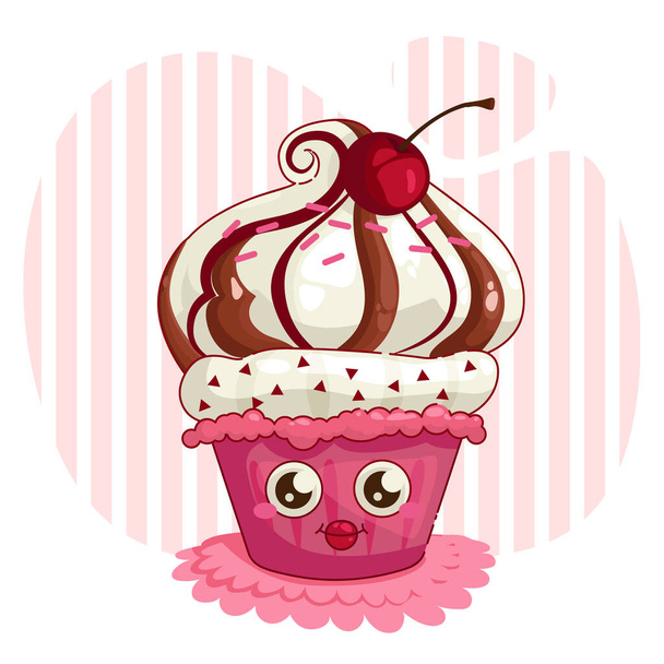 Cartoon cupcake with a cute face. Creamy chocolate cake with cherry and sprinkles. Creme brulee, dark chocolate, cherry jam taste. Vector logo banner design illustration. - Vector, Image