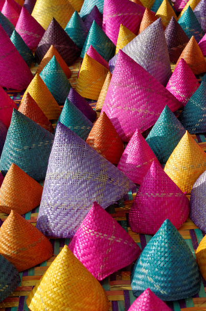 Composition of colorful conical woven bamboo - Photo, Image