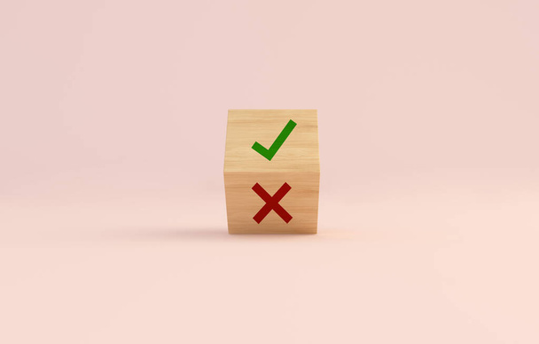 Groene vinkje OK en rode X pictogrammen houten blok omdraaien. 3D-weergave. - Foto, afbeelding