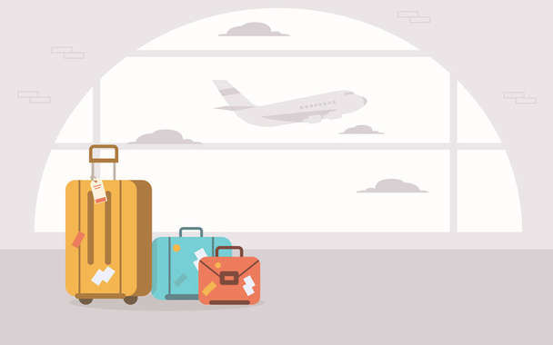 A set of travel suitcases at the airport. Vector Illustration. - Vector, Image