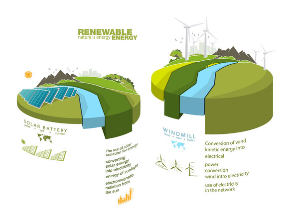 infographics renewable energy earth sun, wind and water. Vector illustration - Vector, imagen