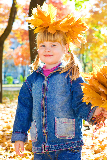 Girl with golden leaves - Φωτογραφία, εικόνα