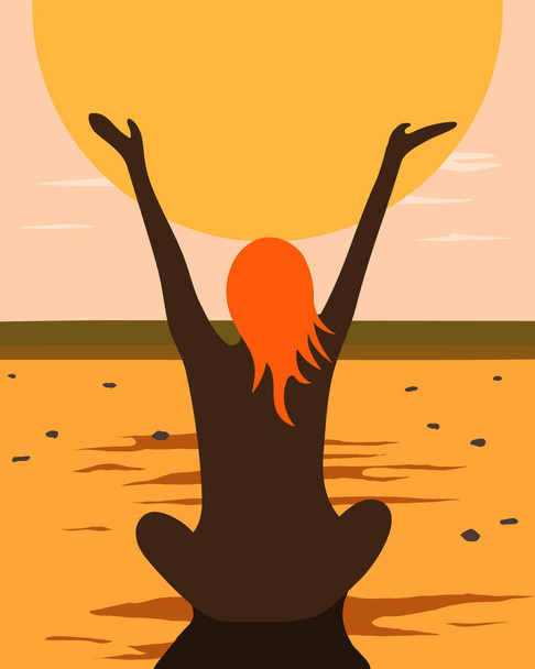 Женщина, поклоняющаяся солнцу на закате на пляже. - Вектор,изображение