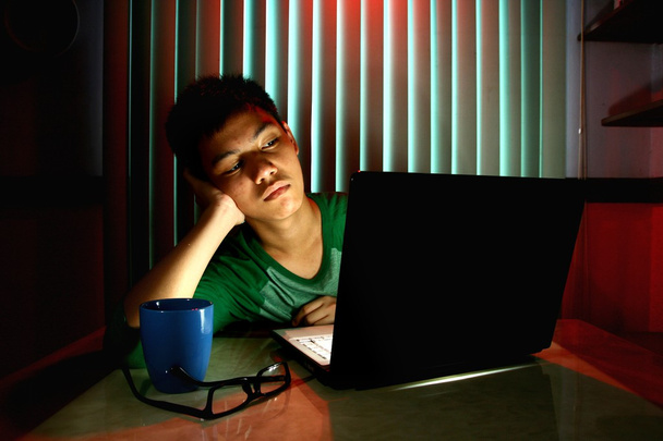 Jovem Adolescente na frente de um computador portátil
 - Foto, Imagem