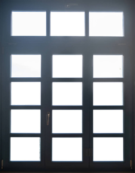 Window wooden frame background. Retro closed window with blur glass pane on a house wall - Photo, Image