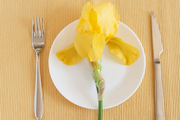 Gabel, Messer, gelbe Iris und ein weißer Teller - Foto, Bild