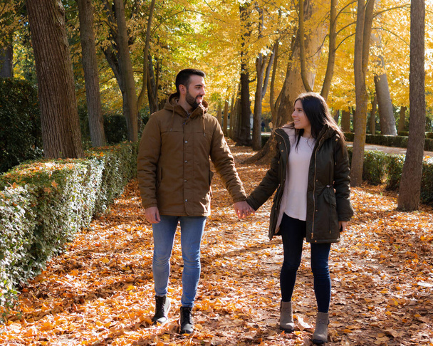 Pár kéz a kézben sétálva az őszi leveleken. - Fotó, kép