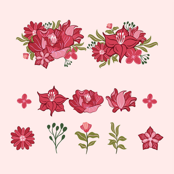 Floral set with leaves and flowers, elements for your compositions, greeting cards or wedding invitations - Vector, Image