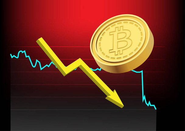 Rynek kryptowalut zanurkował. Wykres pokazujący spadek cen bitcoinów. Ilustracja wektora. - Wektor, obraz