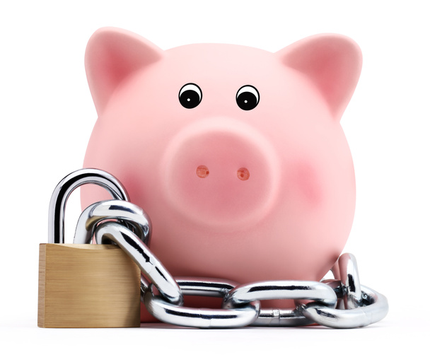 piggy bank with chain and padlock isolated on white background - Photo, Image