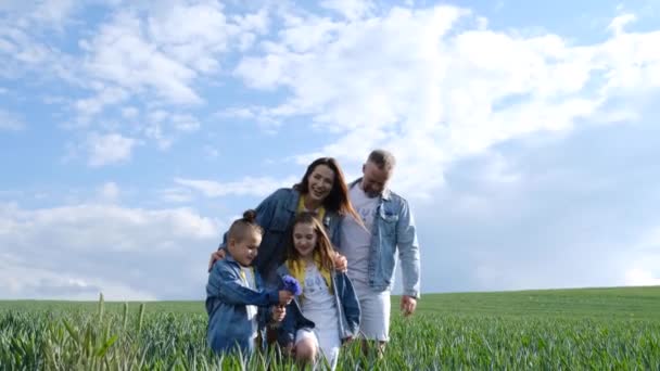 Onnellinen perhe, jossa poika ja tytär kävelevät vehnäpellolla. Perhe pitää toisiaan kädestä ja nauttii luonnosta ulkona. Hidastus - Materiaali, video