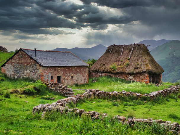 Typical huts in brana Mumian, Somiedo Natural Park, Asturias, Spain - Photo, Image