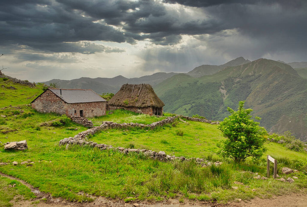 Typical huts in brana Mumian, Somiedo Natural Park, Asturias, Spain - Photo, Image