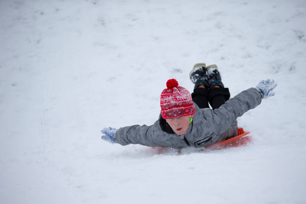 Child in winter. The boy is sledding. - Photo, Image