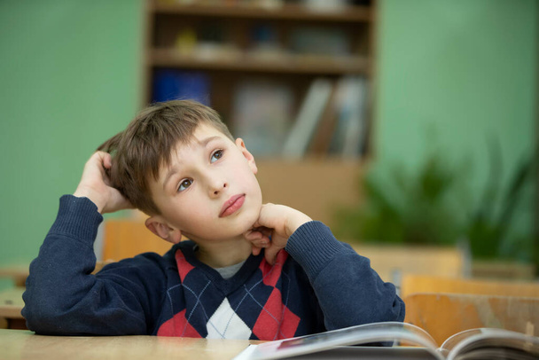 Elementary school boy in a classroom with a book. Child at school. - Фото, изображение