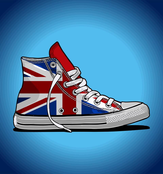 Кроссовки с британским флагом на синем фоне - Вектор,изображение
