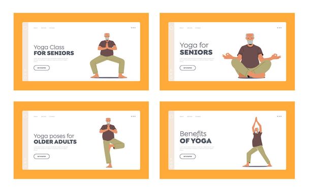 Yoga voor Senioren Landing Pagina Template Set. Oudere mannelijke karakter Oefening Asana en Meditatie. Oude man gezonde levensstijl, ontspanning, emotioneel evenwicht, harmonie. Cartoon People Vector Illustratie - Vector, afbeelding