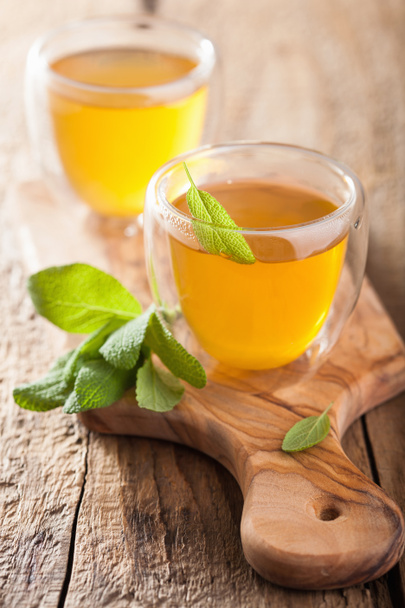 Βότανα τσάι φασκόμηλο με πράσινα φύλλα σε κύπελλα γυαλιού - Φωτογραφία, εικόνα