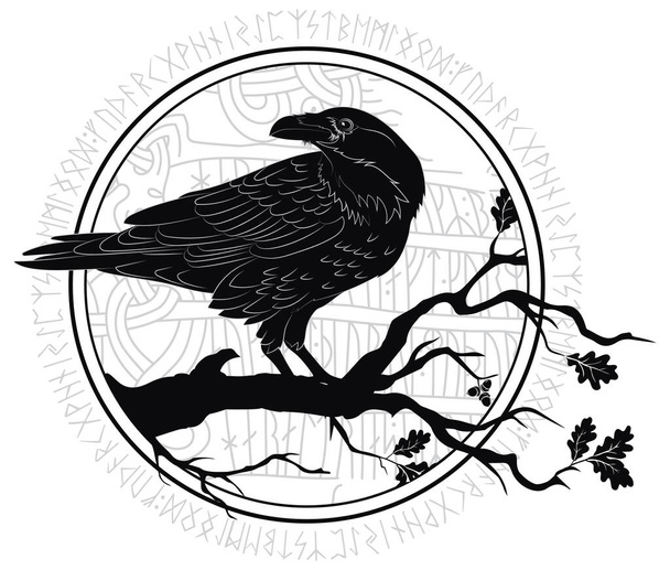 Cuervo negro sentado en una rama de un roble, y runas escandinavas, talladas en piedra, aisladas en blanco, ilustración vectorial - Vector, imagen