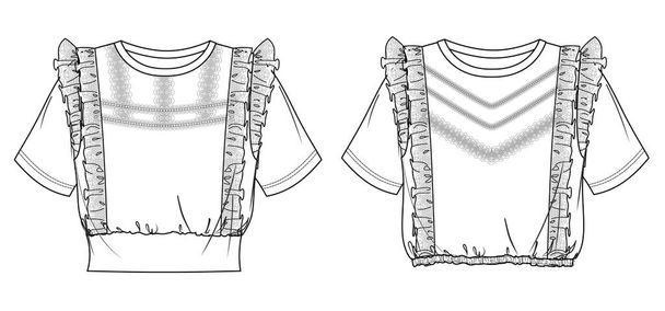 Vektör kısa kollu bluz teknik çizimi, örgü örgülü ve fırfırlı kadın tişörtü, 2 pcs tişört moda CAD, taslak, şablon. Jersey ya da dokuma kumaş kaplama, önde, arkada, beyaz renk - Vektör, Görsel