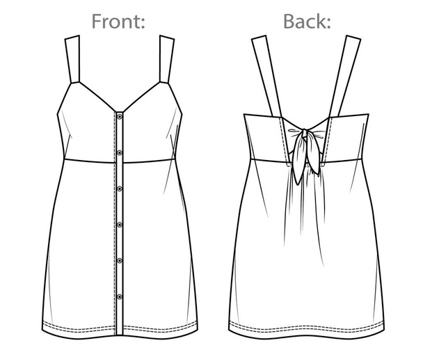 Vector dungaree dress fashion CAD, woman sleeveless mini dress technical drawing with wide straps, template, flat, sketch, mock up.  Jersey or woven fabric dress with front, back view, white color - Vector, afbeelding