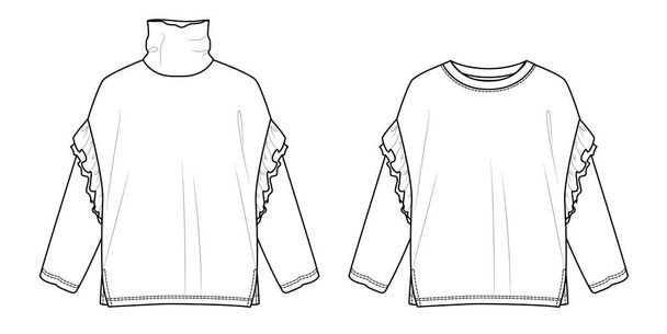 Vector long sleeved oversized top fashion CAD, woman boxy shape round neck with frill details sweatshirt technical drawing, template, mock up, flat. Fleece sweatshirt with front, back view, white colo - Vector, Image