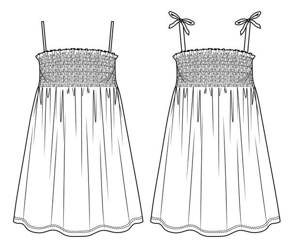Vector καλοκαίρι smoked φόρεμα μόδας CAD, γυναίκα μίνι frill-στολισμένα εμπρός και πίσω με ιμάντες ώμου τεχνικό σχέδιο, πρότυπο, επίπεδη, σκίτσο. Φόρεμα Jersey ή υφαντό ύφασμα με μπροστινή, πίσω όψη, λευκό - Διάνυσμα, εικόνα