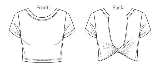 Vector crop top fashion CAD, woman round neck short sleeved t shirt technical drawing, slim fit with opened back blouse template, sketch, flat. Jersey  fabric top with front, back view, white color - Vector, Image