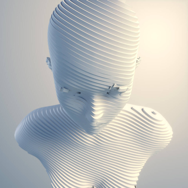 Futuristic composition of white slices in the form of a woman bust. 3d rendering abstract design. Creative digital illustration concept. Contemporary art background - Foto, afbeelding