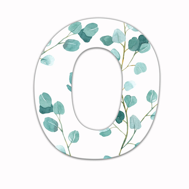 Capital letter O decorated with green leaves. Letter of the English alphabet with floral decoration. Green foliage. - Photo, Image