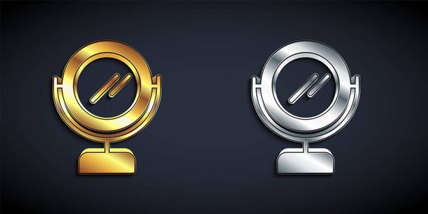 Gold and silver Round makeup mirror icon isolated on black background. Long shadow style. Vector. - Vector, Image