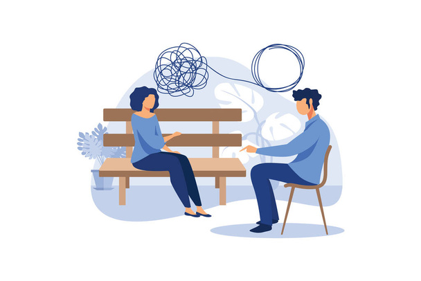 Psychotherapy concept. Psychologist and patient with tangled and untangled mind metaphor, doctor solving psychological problems, couch consultation, mental health treatment flat vector illustration - Vector, Image