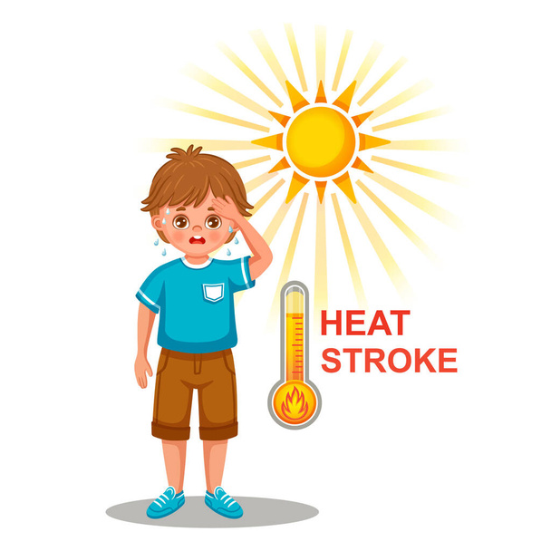 Hőguta, napszúrás a forró nyári nap ikonból. Izzadt, fáradt fiú hőguta tünetekkel. Kiszáradás magas hőmérsékleten a meleg napsütéses napon. Napfény alatti hőtúlmelegedés. Megelőzés napégés, fejfájás, szédülés, gyengeség. Rajzfilm-vektor - Vektor, kép