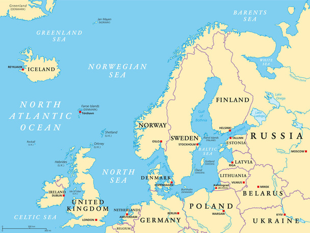 Βόρεια Ευρώπη, πολιτικός χάρτης. Βρετανικά νησιά, Fennoscandia, χερσόνησος της Γιουτλάνδης, πεδιάδα της Βαλτικής που βρίσκεται στα ανατολικά, και τα νησιά που βρίσκονται στα ανοικτά από την ηπειρωτική Βόρεια Ευρώπη και την κύρια ευρωπαϊκή ήπειρο. - Διάνυσμα, εικόνα