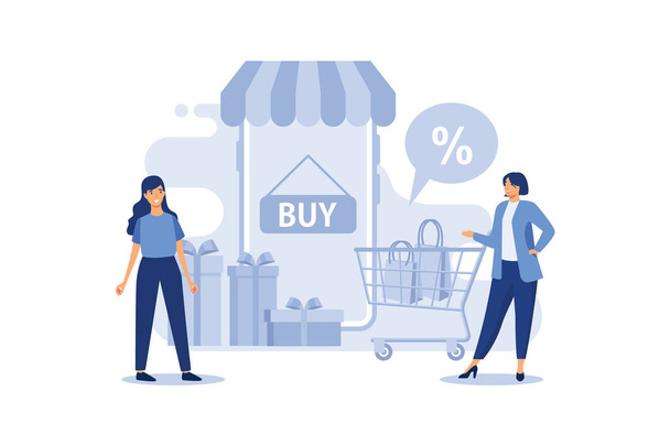 women with shopping cart and commercial vector flat illustration - Vector, Image