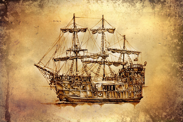 Barco antiguo mar motivo dibujo hecho a mano
 - Foto, Imagen