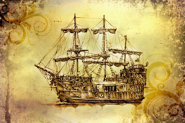 antika tekne deniz güdü çizim el yapımı - Fotoğraf, Görsel