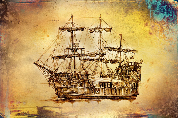Barco antiguo mar motivo dibujo hecho a mano
 - Foto, imagen