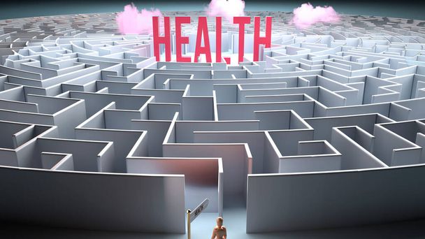 Saúde e um caminho desafiador que leva a ele - confusão e frustração em procurá-lo, jornada complicada para a Saúde, ilustração 3d - Foto, Imagem