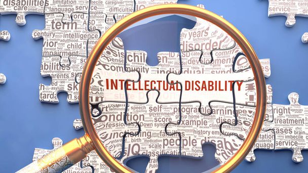 La disabilità intellettuale come argomento complesso sotto stretta osservazione. Complessità mostrata come pezzi puzzle con decine di idee e concetti correlati alla disabilità intellettuale, illustrazione 3d - Foto, immagini