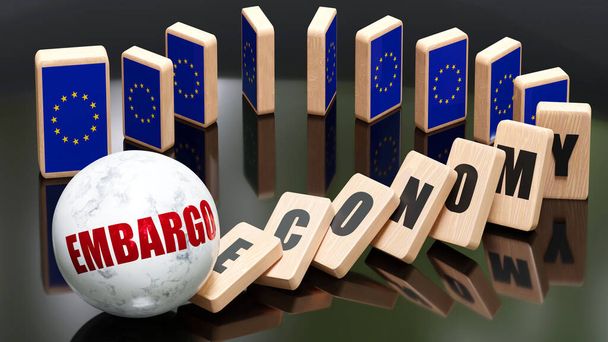 Η Ευρώπη της ΕΕ και το εμπάργκο, η οικονομία και το φαινόμενο του ντόμινο - αλυσιδωτή αντίδραση στην Ευρώπη της ΕΕ που προκλήθηκε από το εμπάργκο που προκάλεσε κατάρρευση - οικονομικά εμπόδια και ευρωπαϊκή σημαία, 3d illustration - Φωτογραφία, εικόνα