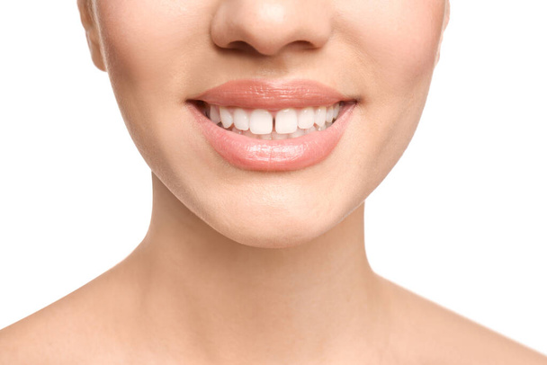 Woman with diastema between upper front teeth on white background, closeup - Foto, Bild