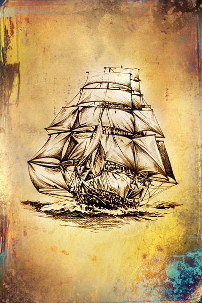 antika tekne deniz güdü çizim el yapımı - Fotoğraf, Görsel