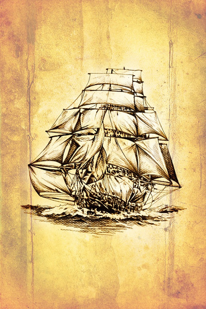 antikes Boot Meer Motiv Zeichnung handgefertigt - Foto, Bild
