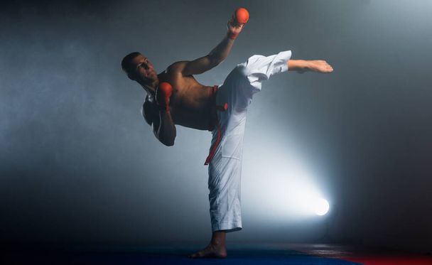 Человек, позирующий на тренировках Айкидо в школе боевых искусств. Здоровый образ жизни и спортивная концепция - Фото, изображение