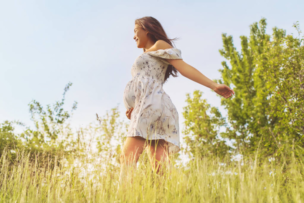 Natural pregnancy healthy Asian pregnant woman walking in nature fields for eco-friendly sustainability baby bump concept. Girl in feminine dress with open arms carefree. - Fotografie, Obrázek