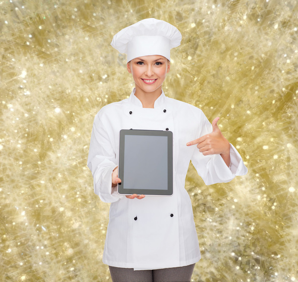 smiling female chef with tablet pc blank screen - Zdjęcie, obraz