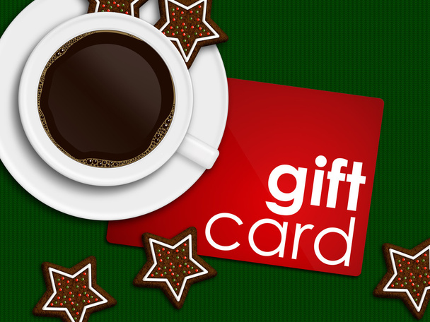 christmas coffee, gingerbread and gift card lying on tablecloth - Photo, Image