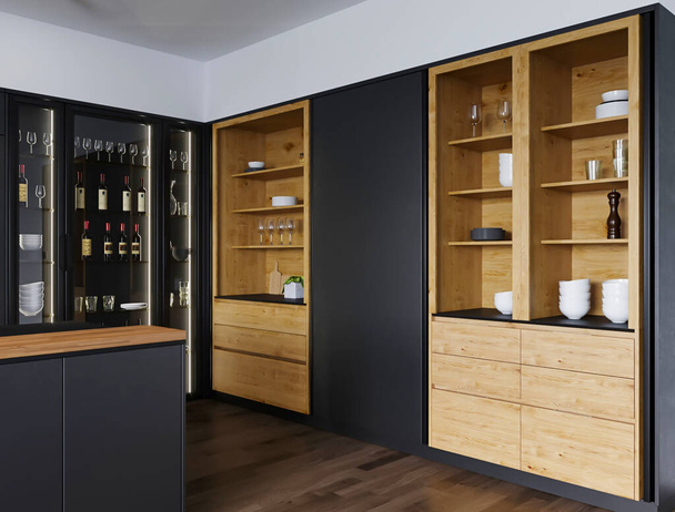 3d rendering modern luxury black kitchen with wooden decoration interior design concept - 写真・画像