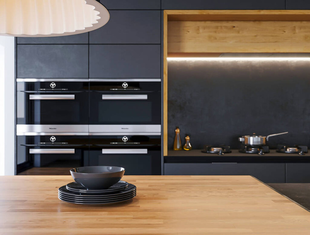 3d rendering modern luxury black kitchen with wooden decoration interior design concept - Foto, Imagem